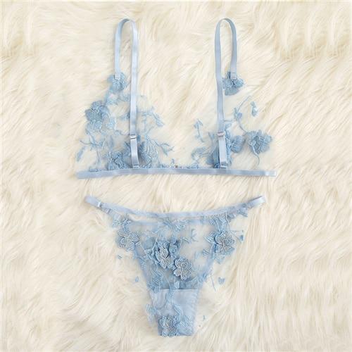 COLROVIE Blue Appliques Tanga Mesh Lingerie Set Women Intimates 2019 Sexy Wireless Bralettes And Briefs Underwear Bra Set