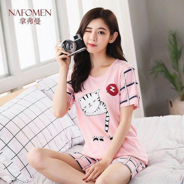New Big Girl Pajamas Sets summer short Sleeve Thin Cartoon Print Cute Sleepwear Girl Pijamas Mujer Leisure Student Home