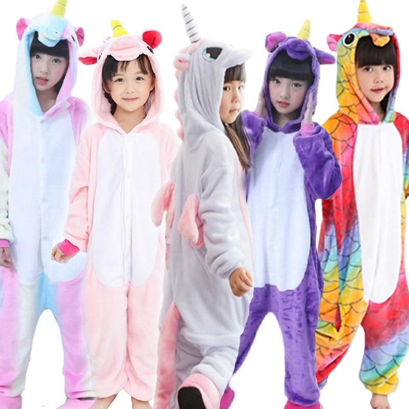 Flannel Kigurumi Children Pajamas Set Winter Hooded Animal Unicorn Pikachu Stitch Kids Pajamas For Boys Girls Sleepwear Onesies