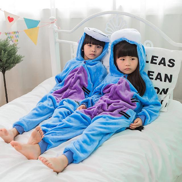 Flannel Kigurumi Children Pajamas Set Winter Hooded Animal Unicorn Pikachu Stitch Kids Pajamas For Boys Girls Sleepwear Onesies
