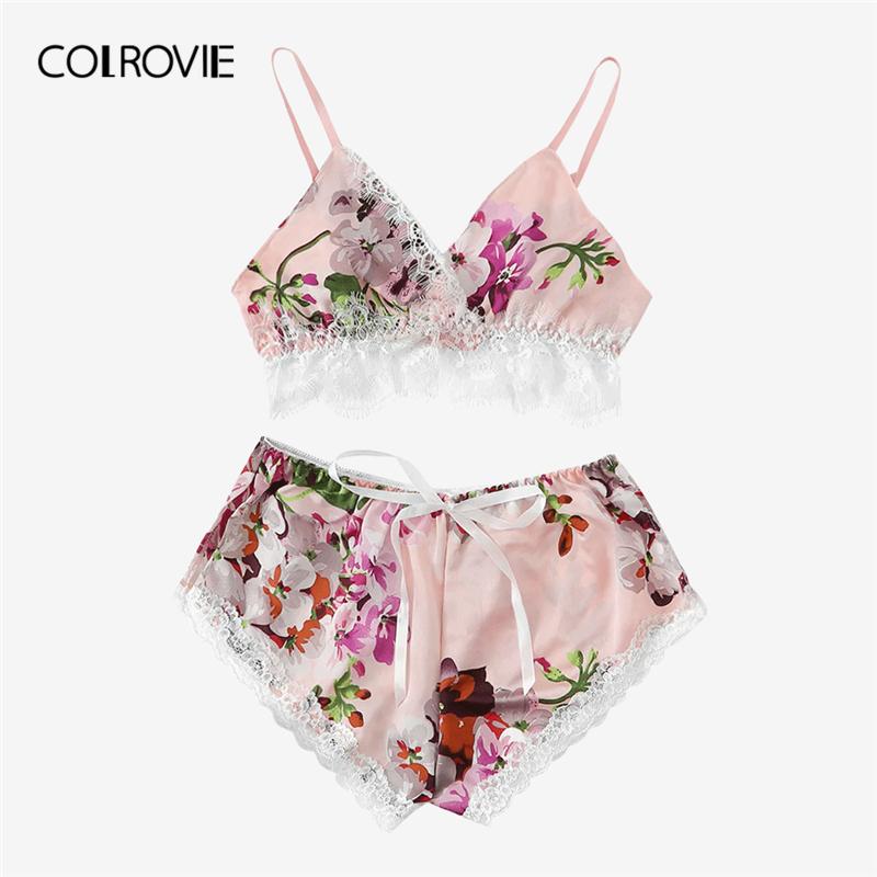COLROVIE Multicolor Lace Trim Floral Print Satin Sexy Women Lingerie Set Boho Wireless Intimates Femme Bra Underwear Set