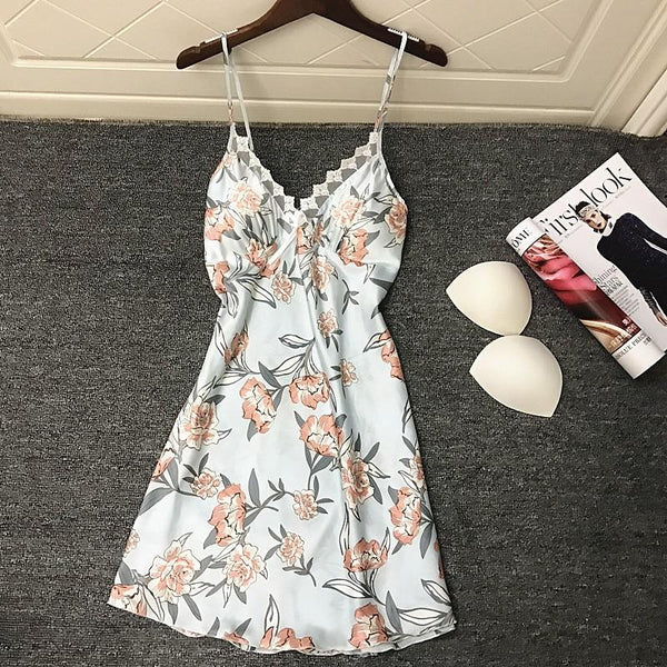 QWEEK Sexy Nightdress Nightgown Ladies Dress Print Sexy Nighty Silk Satin Sexy Sleepwear Summer 2019 Night Gown with Chest Pads