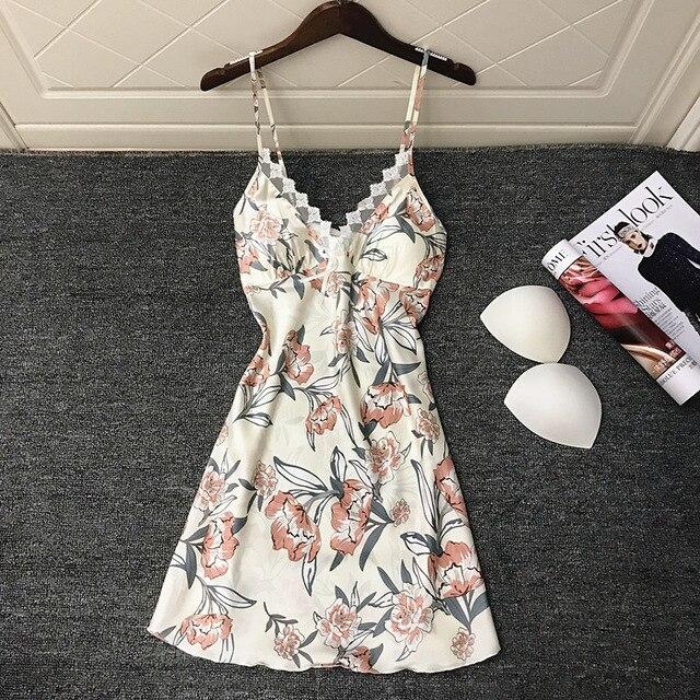 QWEEK Sexy Nightdress Nightgown Ladies Dress Print Sexy Nighty Silk Satin Sexy Sleepwear Summer 2019 Night Gown with Chest Pads