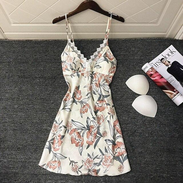 QWEEK Sexy Nightdress Nightgown Ladies Dress Print Sexy Nighty Silk Satin Sexy Sleepwear Summer 2019 Night Gown with Chest Pads