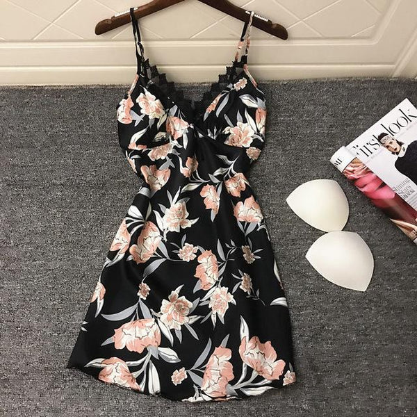 QWEEK Sexy Nightdress Nightgown Ladies Dress Print Sexy Nighty Silk Satin Sexy Sleepwear Summer 2019 Night Gown with Chest Pads