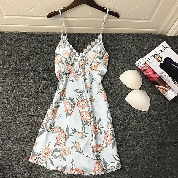 QWEEK Sexy Nightdress Nightgown Ladies Dress Print Sexy Nighty Silk Satin Sexy Sleepwear Summer 2019 Night Gown with Chest Pads