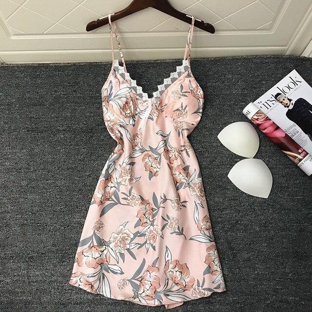QWEEK Sexy Nightdress Nightgown Ladies Dress Print Sexy Nighty Silk Satin Sexy Sleepwear Summer 2019 Night Gown with Chest Pads