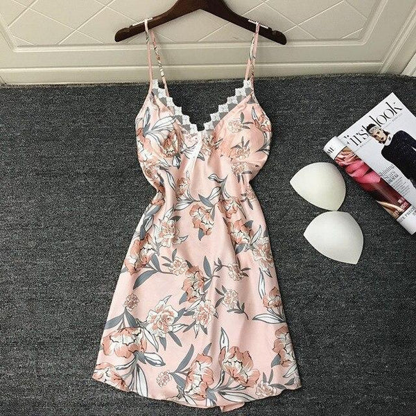 QWEEK Sexy Nightdress Nightgown Ladies Dress Print Sexy Nighty Silk Satin Sexy Sleepwear Summer 2019 Night Gown with Chest Pads