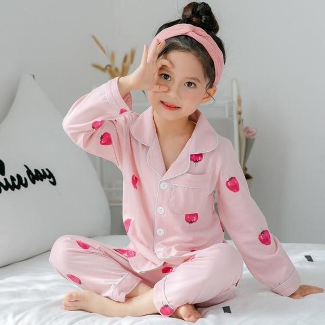 2-12 home Fruit pattern big Girls Children's Pajamas Silk Cotton Long Sleeve thsirt + pants sets For Child Pajamas High Quality