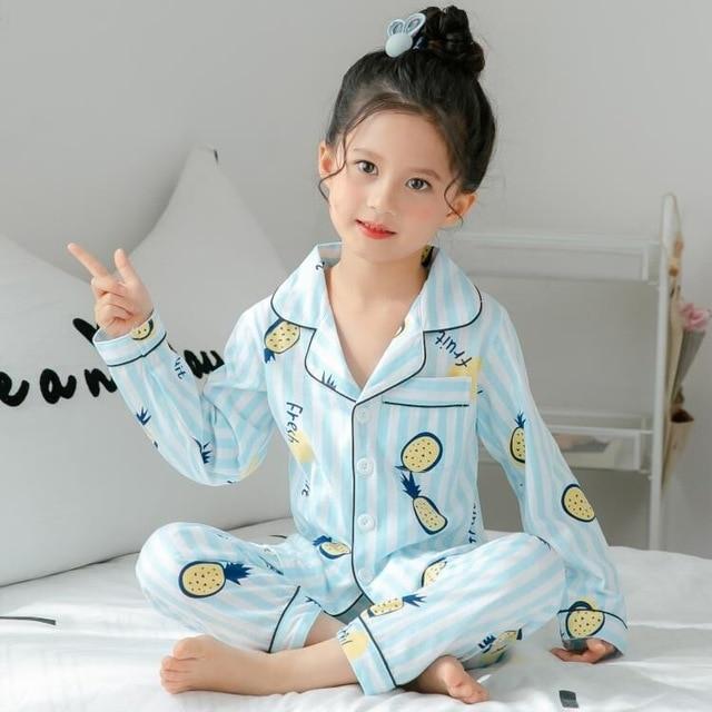 2-12 home Fruit pattern big Girls Children's Pajamas Silk Cotton Long Sleeve thsirt + pants sets For Child Pajamas High Quality