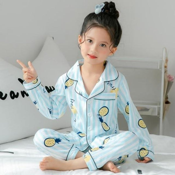 2-12 home Fruit pattern big Girls Children's Pajamas Silk Cotton Long Sleeve thsirt + pants sets For Child Pajamas High Quality