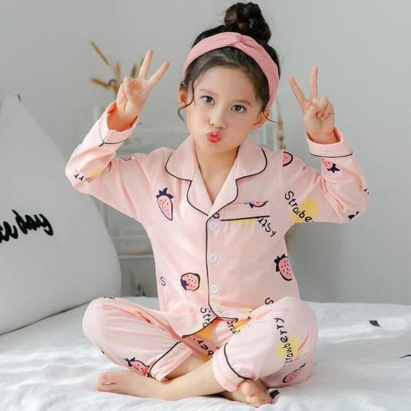 2-12 home Fruit pattern big Girls Children's Pajamas Silk Cotton Long Sleeve thsirt + pants sets For Child Pajamas High Quality