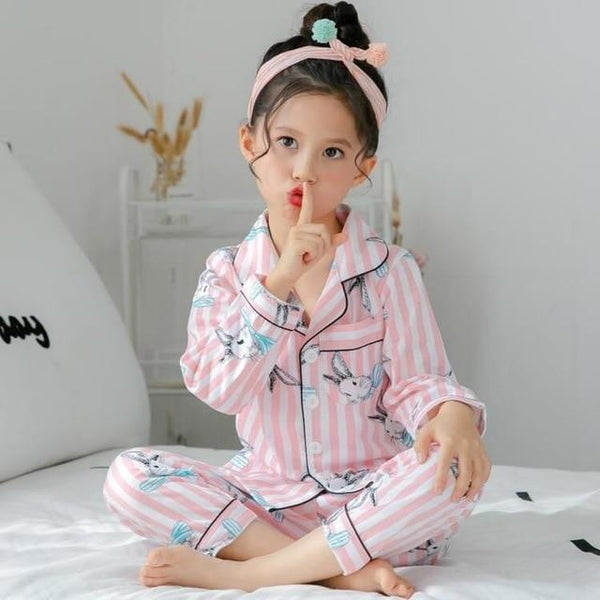 2-12 home Fruit pattern big Girls Children's Pajamas Silk Cotton Long Sleeve thsirt + pants sets For Child Pajamas High Quality