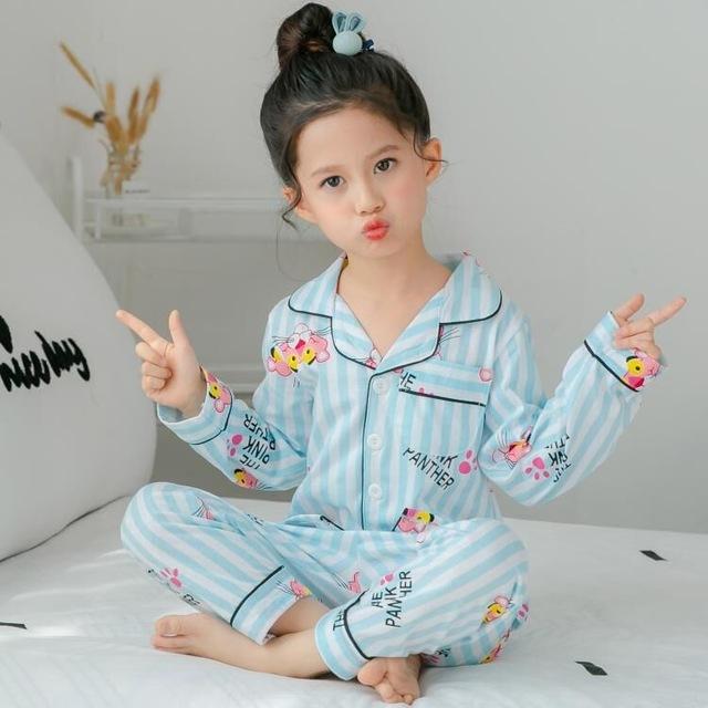 2-12 home Fruit pattern big Girls Children's Pajamas Silk Cotton Long Sleeve thsirt + pants sets For Child Pajamas High Quality