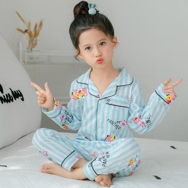 2-12 home Fruit pattern big Girls Children's Pajamas Silk Cotton Long Sleeve thsirt + pants sets For Child Pajamas High Quality