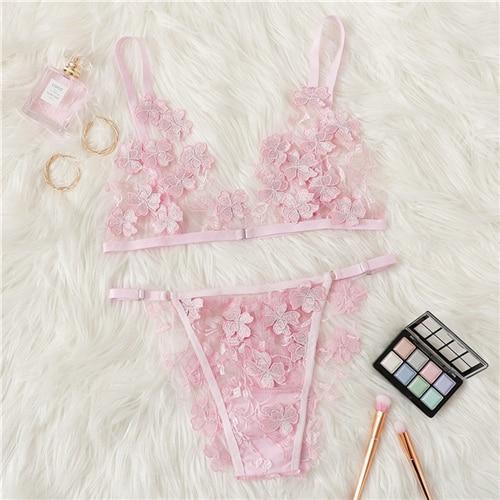 COLROVIE Blue Appliques Tanga Mesh Lingerie Set Women Intimates 2019 Sexy Wireless Bralettes And Briefs Underwear Bra Set