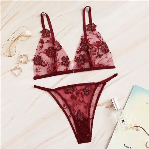 COLROVIE Blue Appliques Tanga Mesh Lingerie Set Women Intimates 2019 Sexy Wireless Bralettes And Briefs Underwear Bra Set