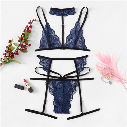 COLROVIE Black Sexy Floral Scalloped Trim Lace Lingerie Set New Women Bra And Thongs Sets Wireless Navy Sexy Underwear Bra Set