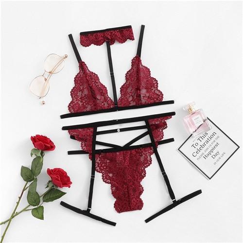 COLROVIE Black Sexy Floral Scalloped Trim Lace Lingerie Set New Women Bra And Thongs Sets Wireless Navy Sexy Underwear Bra Set