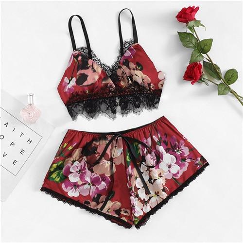 COLROVIE Multicolor Lace Trim Floral Print Satin Sexy Women Lingerie Set Boho Wireless Intimates Femme Bra Underwear Set