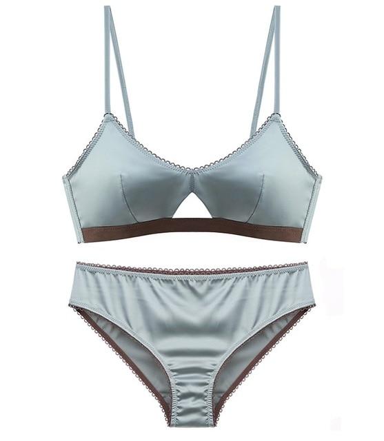TERMEZY New Women Underwear Wire Free satin bra thin 3/4 cups Bra and Panty Set Hollow Lingerie Women Brassiere Bralette