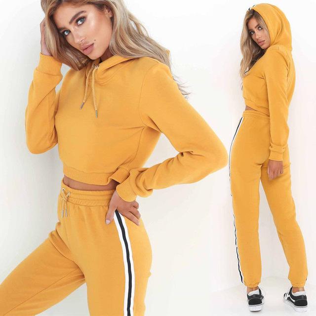 Tracksuit 2pcs Women Set Hoodies Crop Top Sweatshirt+Side Stripe Pants Hooded 2 Pieces Sets Women Clothing Suits Female