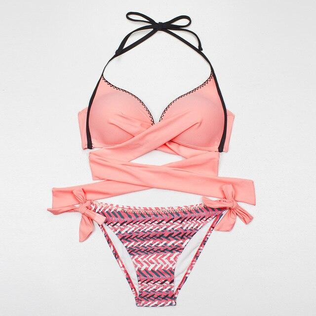 ESSV 2019 Bikini Women Swimsuit Push Up Swimwear Criss Cross Bandage Halter Bikini Set Beach Bathing Suit Swim Wear S~XXL