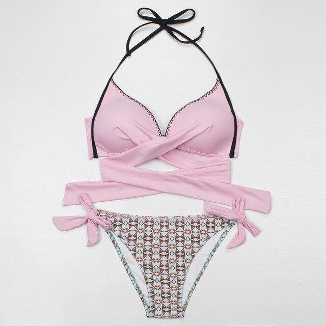 ESSV 2019 Bikini Women Swimsuit Push Up Swimwear Criss Cross Bandage Halter Bikini Set Beach Bathing Suit Swim Wear S~XXL