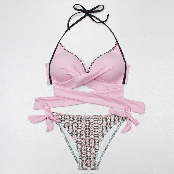 ESSV 2019 Bikini Women Swimsuit Push Up Swimwear Criss Cross Bandage Halter Bikini Set Beach Bathing Suit Swim Wear S~XXL