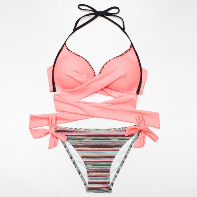 ESSV 2019 Bikini Women Swimsuit Push Up Swimwear Criss Cross Bandage Halter Bikini Set Beach Bathing Suit Swim Wear S~XXL