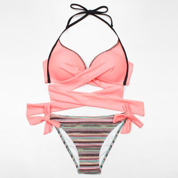 ESSV 2019 Bikini Women Swimsuit Push Up Swimwear Criss Cross Bandage Halter Bikini Set Beach Bathing Suit Swim Wear S~XXL