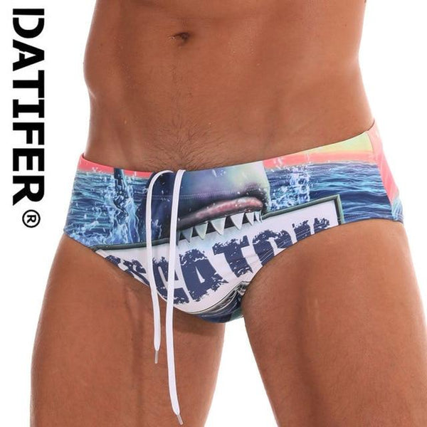 2019 Datifer Brand New Men Swim Brief Printing Swimsuit Male Swimwear Sexy Low Waist Penis Pouch Removetable Pad YK035 Size XXL