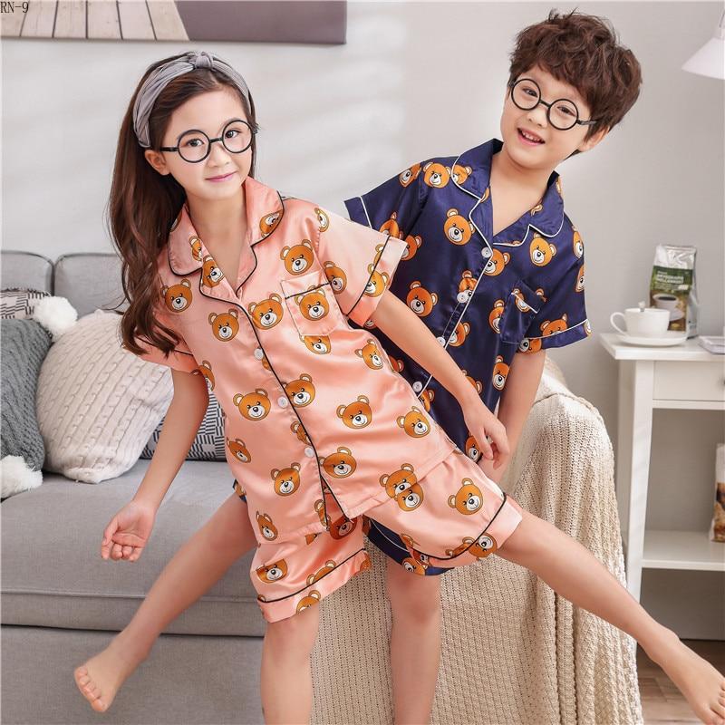 Summer Children Pajamas Suit Silk 2019 Pyjamas Set Boys Short-sleeved Slim Cartoon Satin Baby Home Clothing Kids Pijamas Sets
