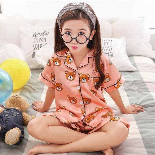 Summer Children Pajamas Suit Silk 2019 Pyjamas Set Boys Short-sleeved Slim Cartoon Satin Baby Home Clothing Kids Pijamas Sets