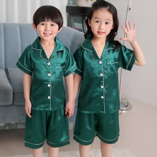 Summer Children Pajamas Suit Silk 2019 Pyjamas Set Boys Short-sleeved Slim Cartoon Satin Baby Home Clothing Kids Pijamas Sets