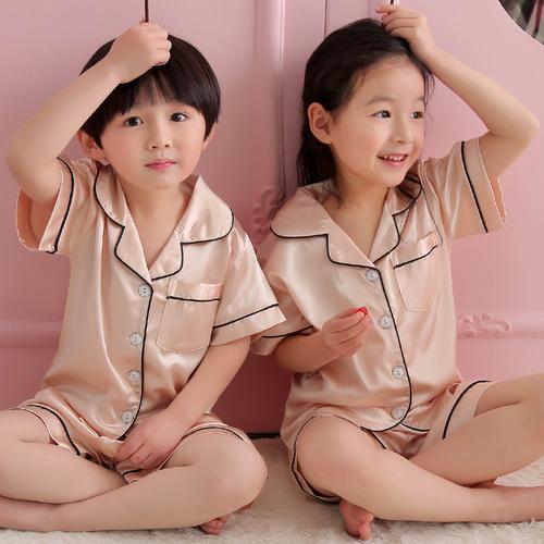 Summer Children Pajamas Suit Silk 2019 Pyjamas Set Boys Short-sleeved Slim Cartoon Satin Baby Home Clothing Kids Pijamas Sets