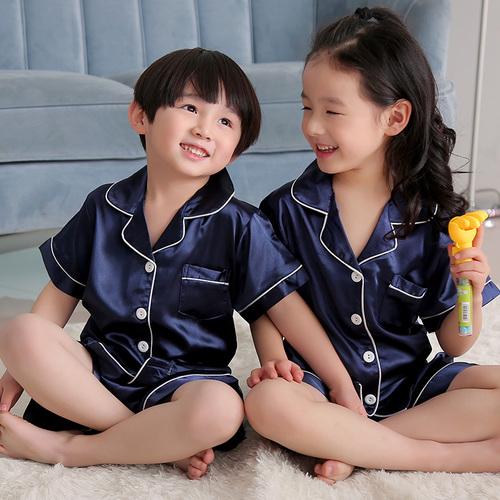 Summer Children Pajamas Suit Silk 2019 Pyjamas Set Boys Short-sleeved Slim Cartoon Satin Baby Home Clothing Kids Pijamas Sets