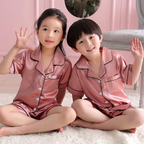 Summer Children Pajamas Suit Silk 2019 Pyjamas Set Boys Short-sleeved Slim Cartoon Satin Baby Home Clothing Kids Pijamas Sets