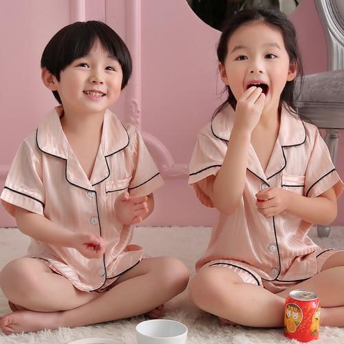 Summer Children Pajamas Suit Silk 2019 Pyjamas Set Boys Short-sleeved Slim Cartoon Satin Baby Home Clothing Kids Pijamas Sets