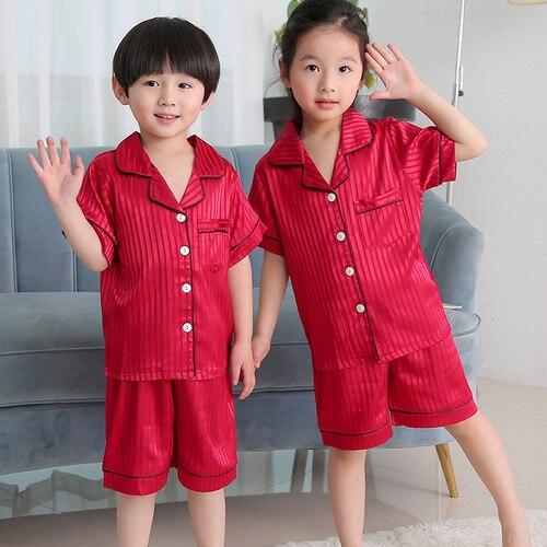 Summer Children Pajamas Suit Silk 2019 Pyjamas Set Boys Short-sleeved Slim Cartoon Satin Baby Home Clothing Kids Pijamas Sets