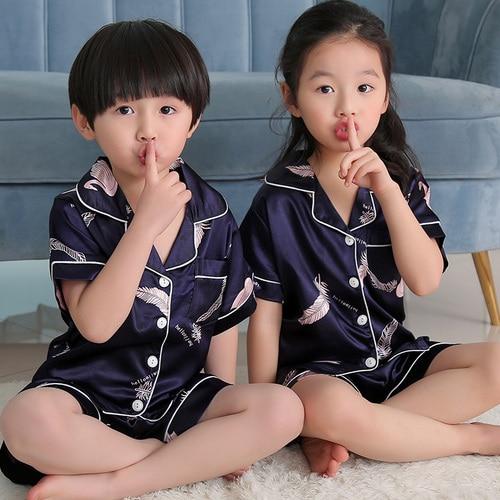 Summer Children Pajamas Suit Silk 2019 Pyjamas Set Boys Short-sleeved Slim Cartoon Satin Baby Home Clothing Kids Pijamas Sets