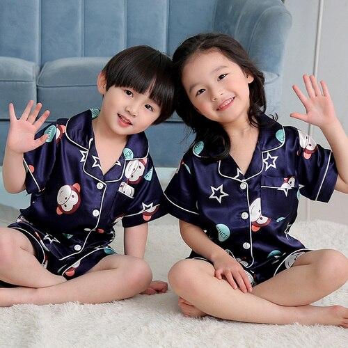 Summer Children Pajamas Suit Silk 2019 Pyjamas Set Boys Short-sleeved Slim Cartoon Satin Baby Home Clothing Kids Pijamas Sets