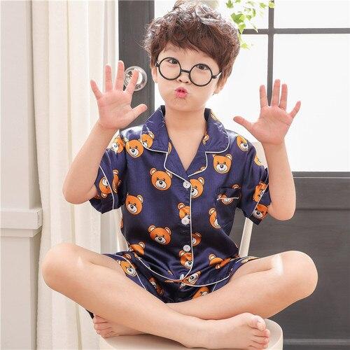 Summer Children Pajamas Suit Silk 2019 Pyjamas Set Boys Short-sleeved Slim Cartoon Satin Baby Home Clothing Kids Pijamas Sets