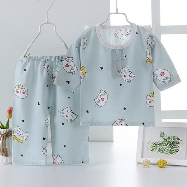 New 2pcs Kids Girls Boys Summer Pajamas Set Cartoon Cat Flamingo Children Sleepwear Poplin Cotton Half Length Home Clothing Suit