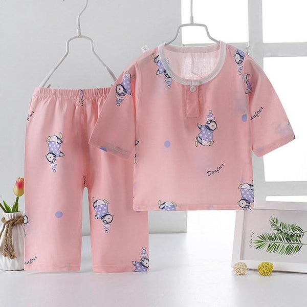 New 2pcs Kids Girls Boys Summer Pajamas Set Cartoon Cat Flamingo Children Sleepwear Poplin Cotton Half Length Home Clothing Suit