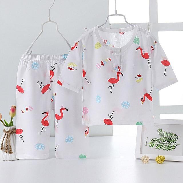 New 2pcs Kids Girls Boys Summer Pajamas Set Cartoon Cat Flamingo Children Sleepwear Poplin Cotton Half Length Home Clothing Suit