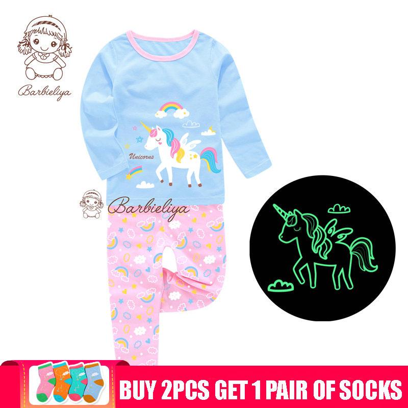Glow in the Dark Girls Cartoon Cute Children Clothes Long Sleeve Pyjamas Kids Pajamas Sets Pijama Unicornio Sleepwear Homewear