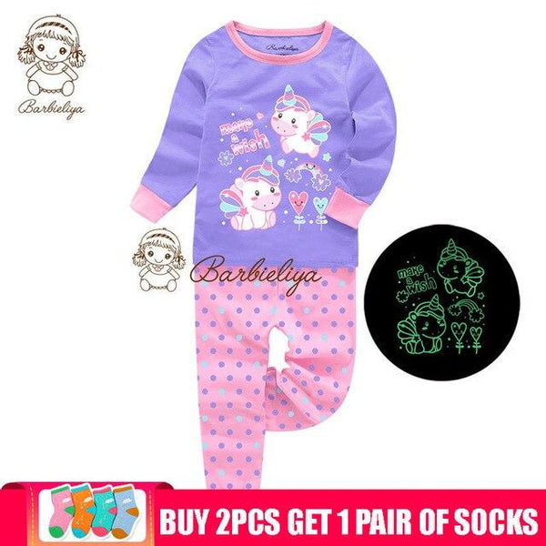 Glow in the Dark Girls Cartoon Cute Children Clothes Long Sleeve Pyjamas Kids Pajamas Sets Pijama Unicornio Sleepwear Homewear