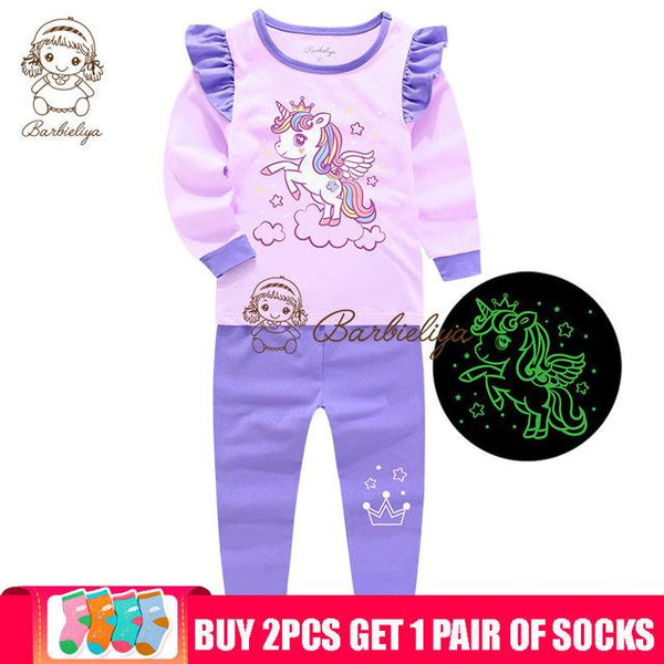 Glow in the Dark Girls Cartoon Cute Children Clothes Long Sleeve Pyjamas Kids Pajamas Sets Pijama Unicornio Sleepwear Homewear