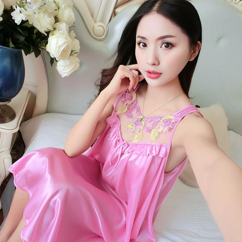 Ladies Sexy Silk Satin Night Dress Sleeveless Nighties Plus Size Nightgown Nightdress Embroidery Sleepwear Nightwear For Women